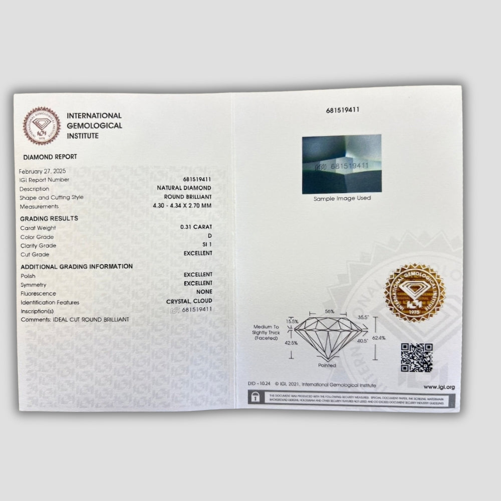 Комплект 2 бр. Естествени Диаманта (Matched Pair) – 0.62 ct Общо (Цвят D, Triple Ex) – IGI Сертифицирани