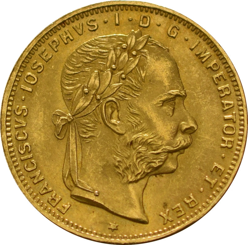 6.45 гр. – Златна Монета 8 Флорина / 20 Франка (1892) – Австрийски Гулден