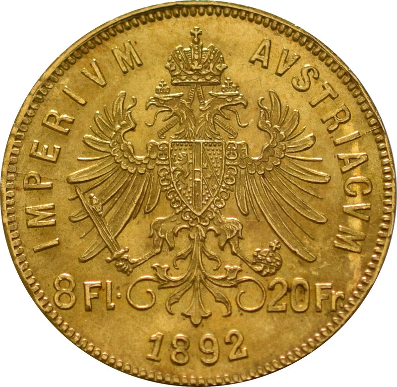 6.45 гр. – Златна Монета 8 Флорина / 20 Франка (1892) – Австрийски Гулден