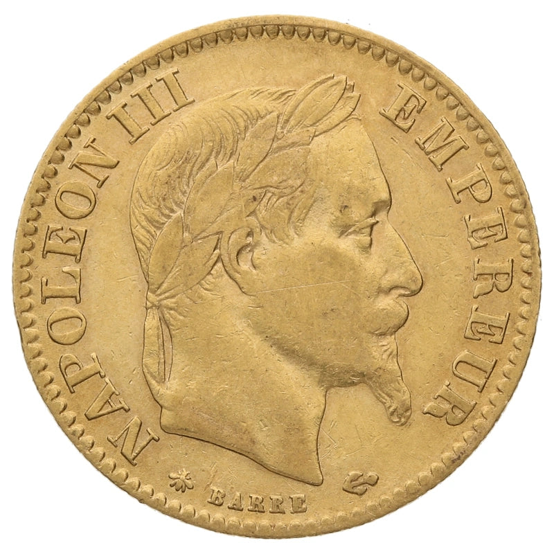 3.23 гр. – Златна Монета 10 Френски Франка – Наполеон III (Лавров Венец) – 1862–1868