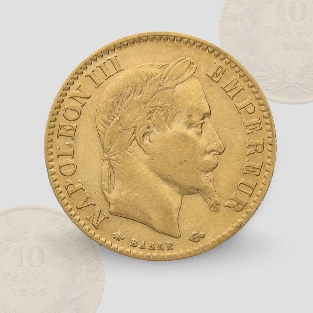 3.23 гр. – Златна Монета 10 Френски Франка – Наполеон III (Лавров Венец) – 1862–1868