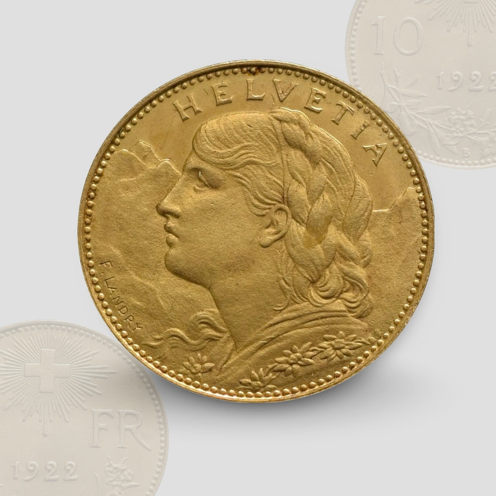 3.227 гр. - Златна Монета 10 златни швейцарски Франка – „Вренели“ (1913)