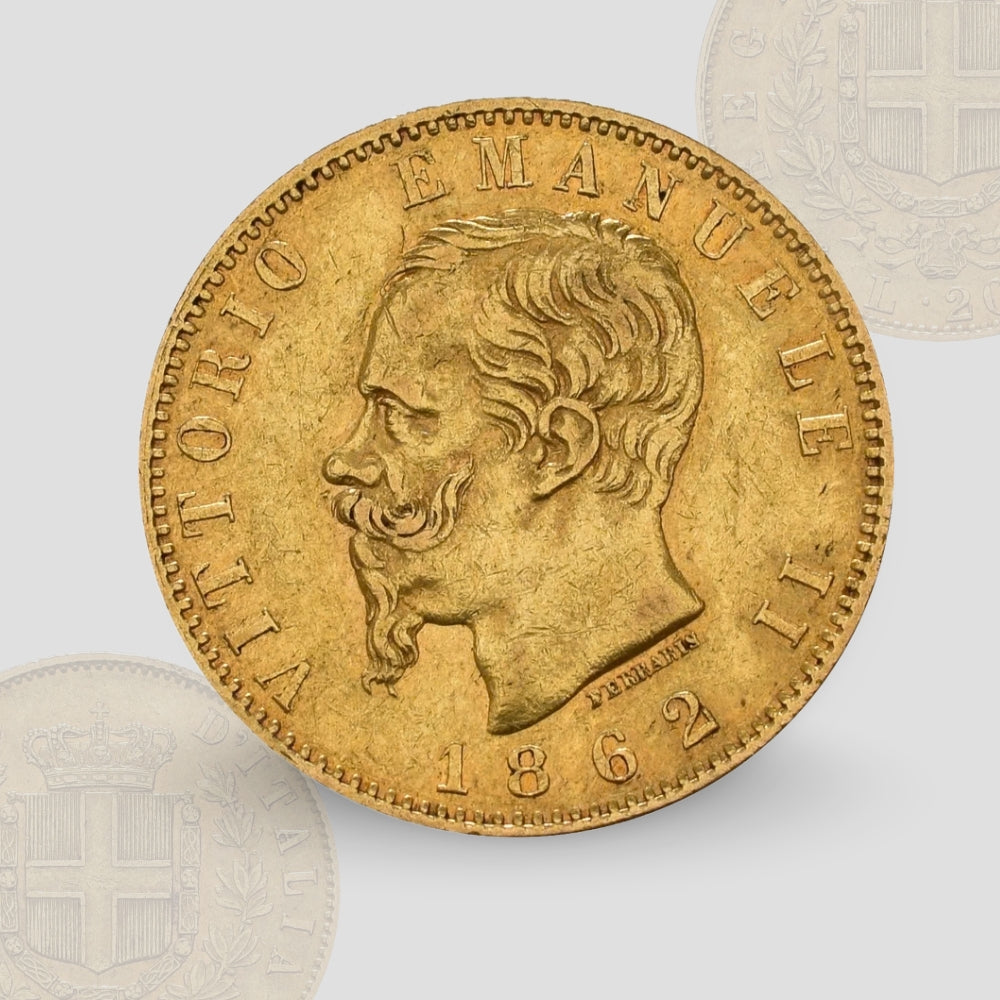 6.45 гр. – Златна Монета 20 италиански Лири – Крал Виктор Емануил II (1861–1878)
