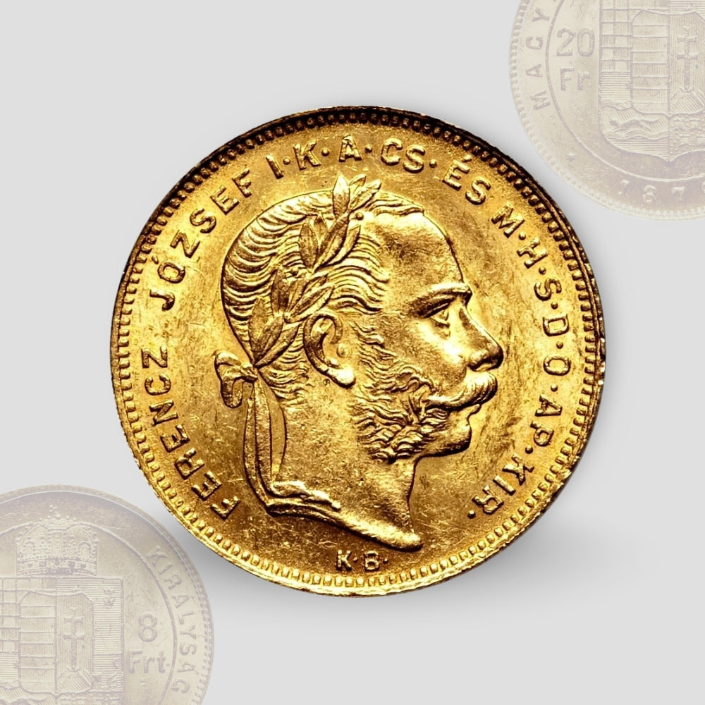 6.45 гр. – Златна Монета 20 Франка / 8 Форинта Франц Йосиф I (1870–1880) – Унгарска емисия