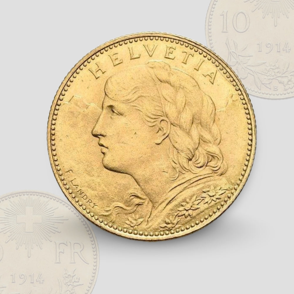 3.227 гр. - Златна Монета 10 златни швейцарски Франка – „Вренели“ (1916)