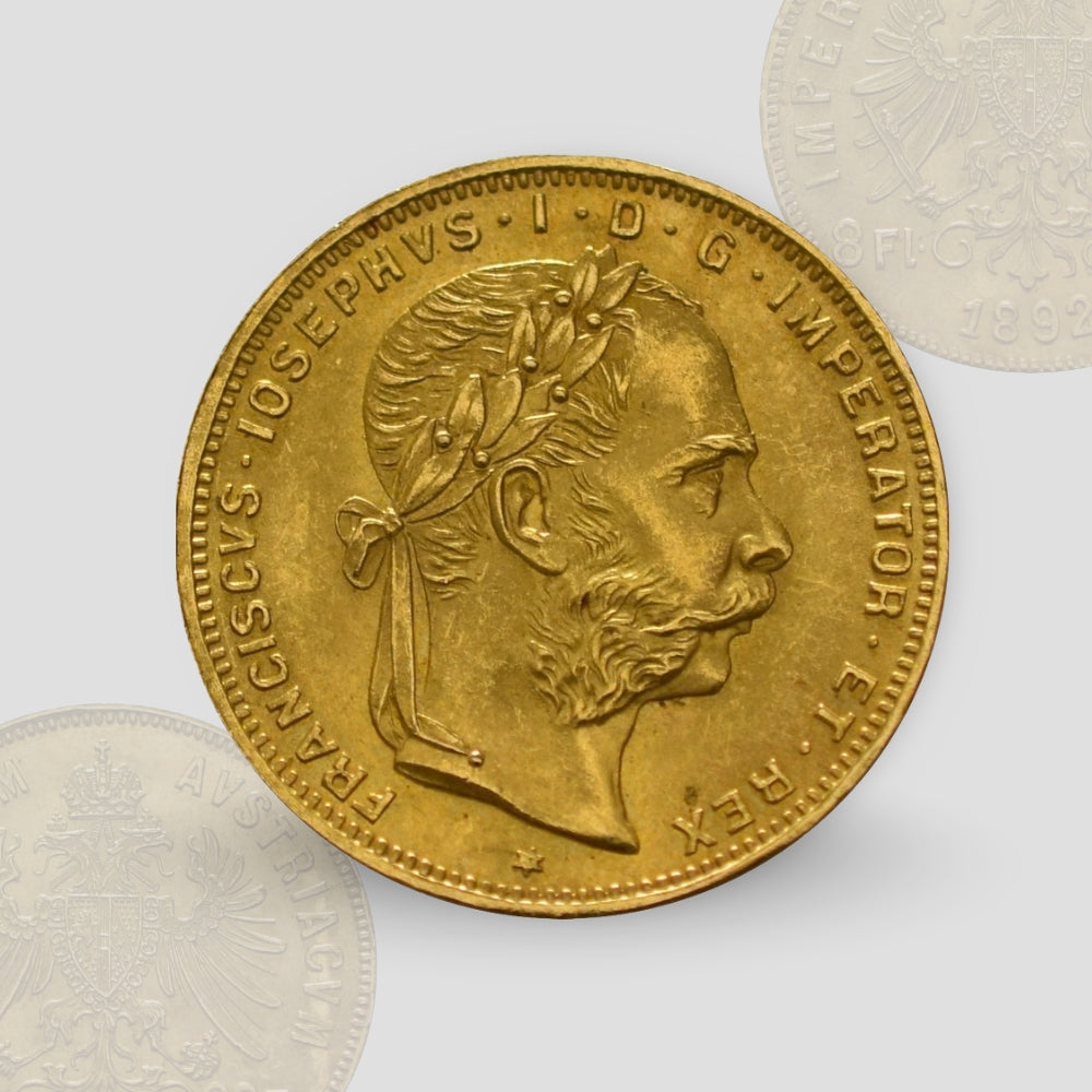 6.45 гр. – Златна Монета 8 Флорина / 20 Франка (1892) – Австрийски Гулден