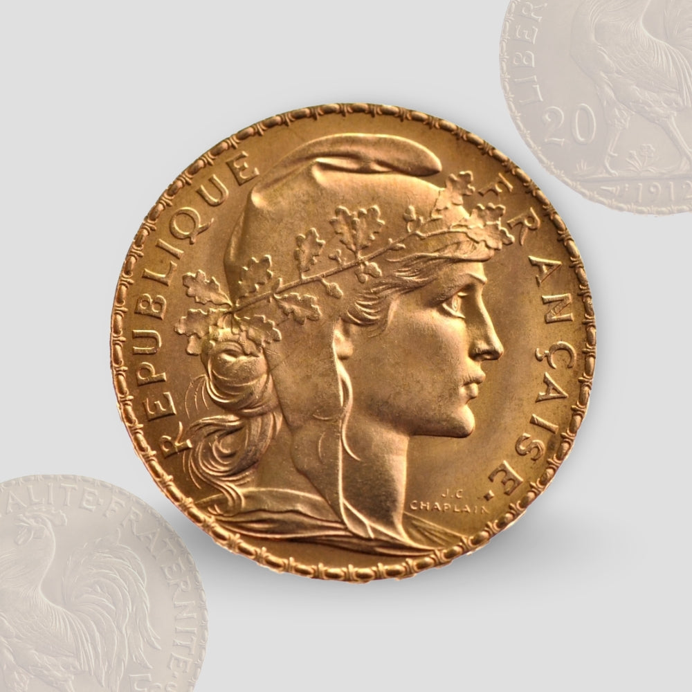 6.45 гр. – Златна Монета 20 Френски Франка – „Мариана и Петелът“ (1898–1914)
