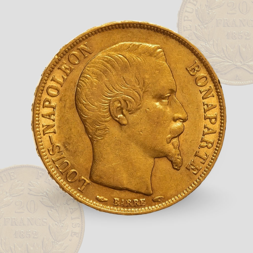 6.45 гр. – Златна Монета 20 Френски Франка – Луи-Наполеон Бонапарт (1852)