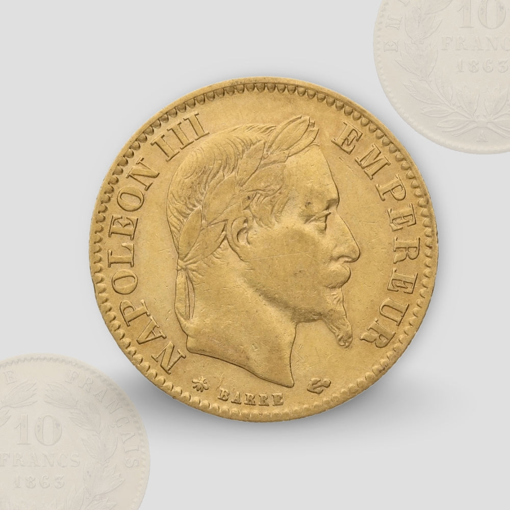 3.22 гр. – Златна Монета 10 Френски Франка (Наполеон III) – „Лавров венец“ (1862–1868)