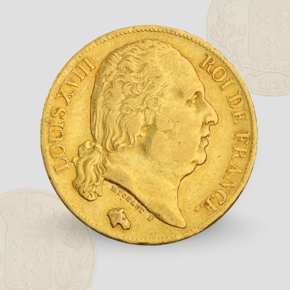 6.45 гр. – Златна Монета 20 Френски Франка – Луи XVIII (1816–1824)
