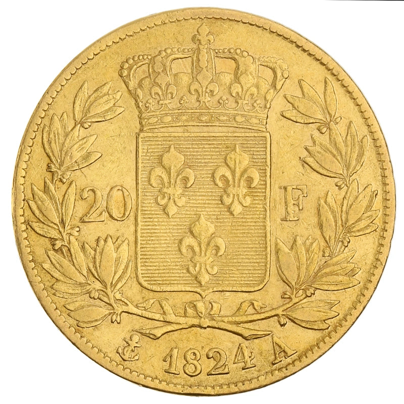 6.45 гр. – Златна Монета 20 Френски Франка – Луи XVIII (1816–1824)