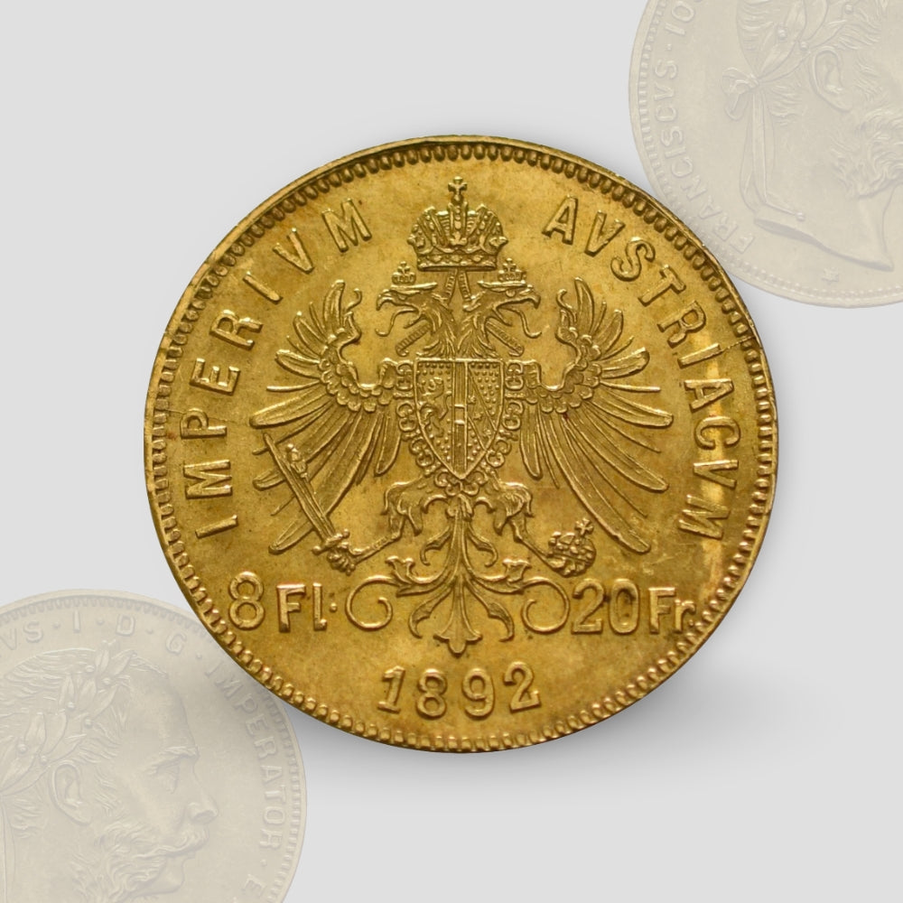 6.45 гр. – Златна Монета 8 Флорина / 20 Франка (1892) – Австрийски Гулден