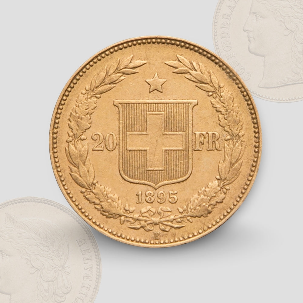 6.45 гр. - Златна Монета 20 швейцарски Франка – „Хелвеция“ (1883–1896)