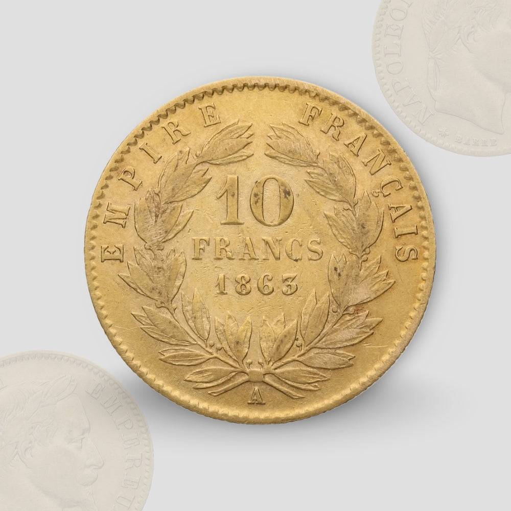 3.22 гр. – Златна Монета 10 Френски Франка (Наполеон III) – „Лавров венец“ (1862–1868)