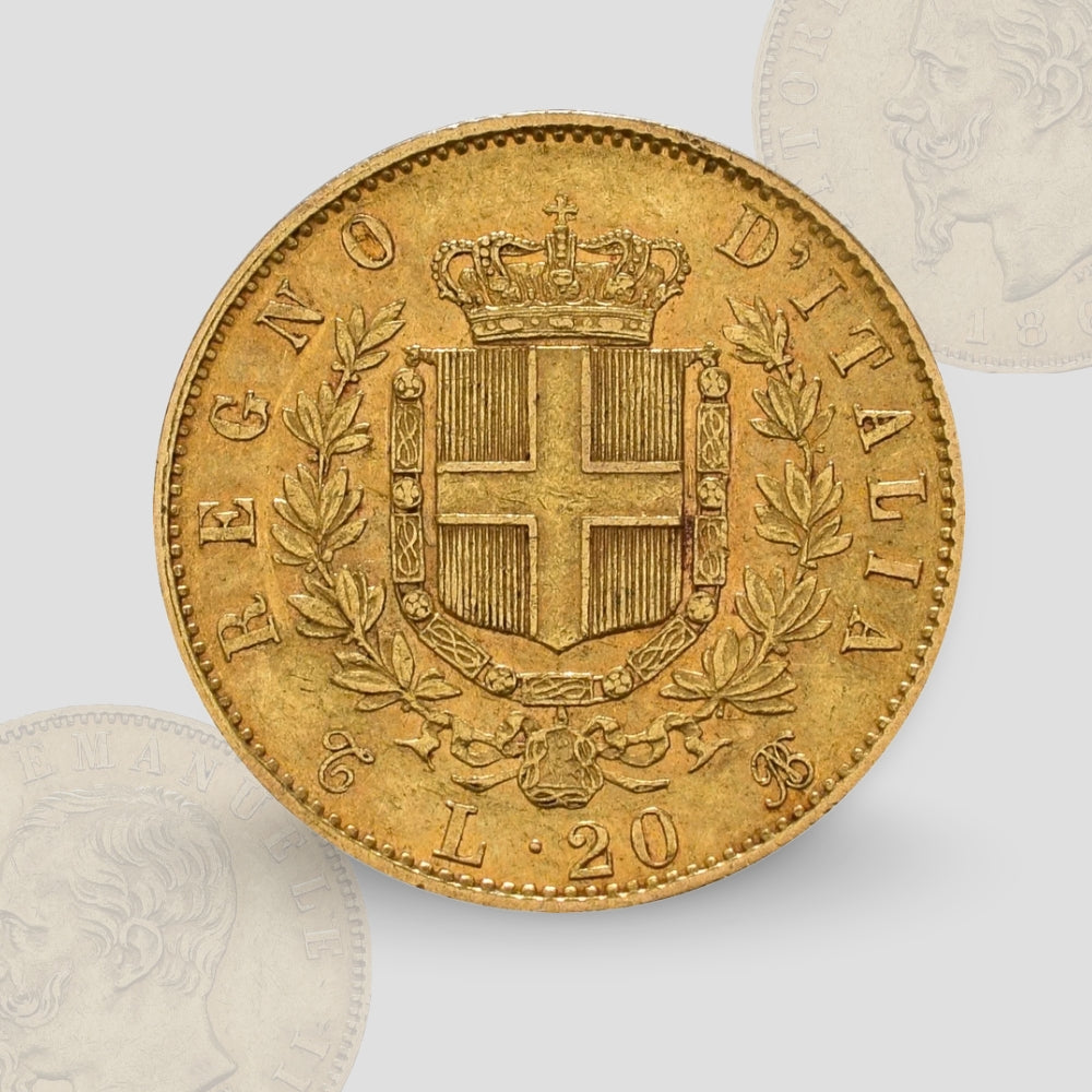 6.45 гр. – Златна Монета 20 италиански Лири – Крал Виктор Емануил II (1861–1878)