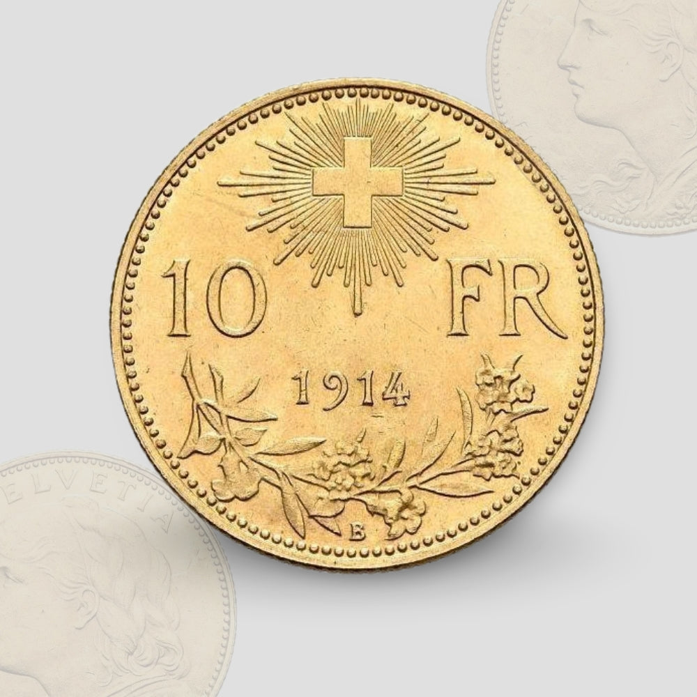3.227 гр. - Златна Монета 10 златни швейцарски Франка – „Вренели“ (1916)