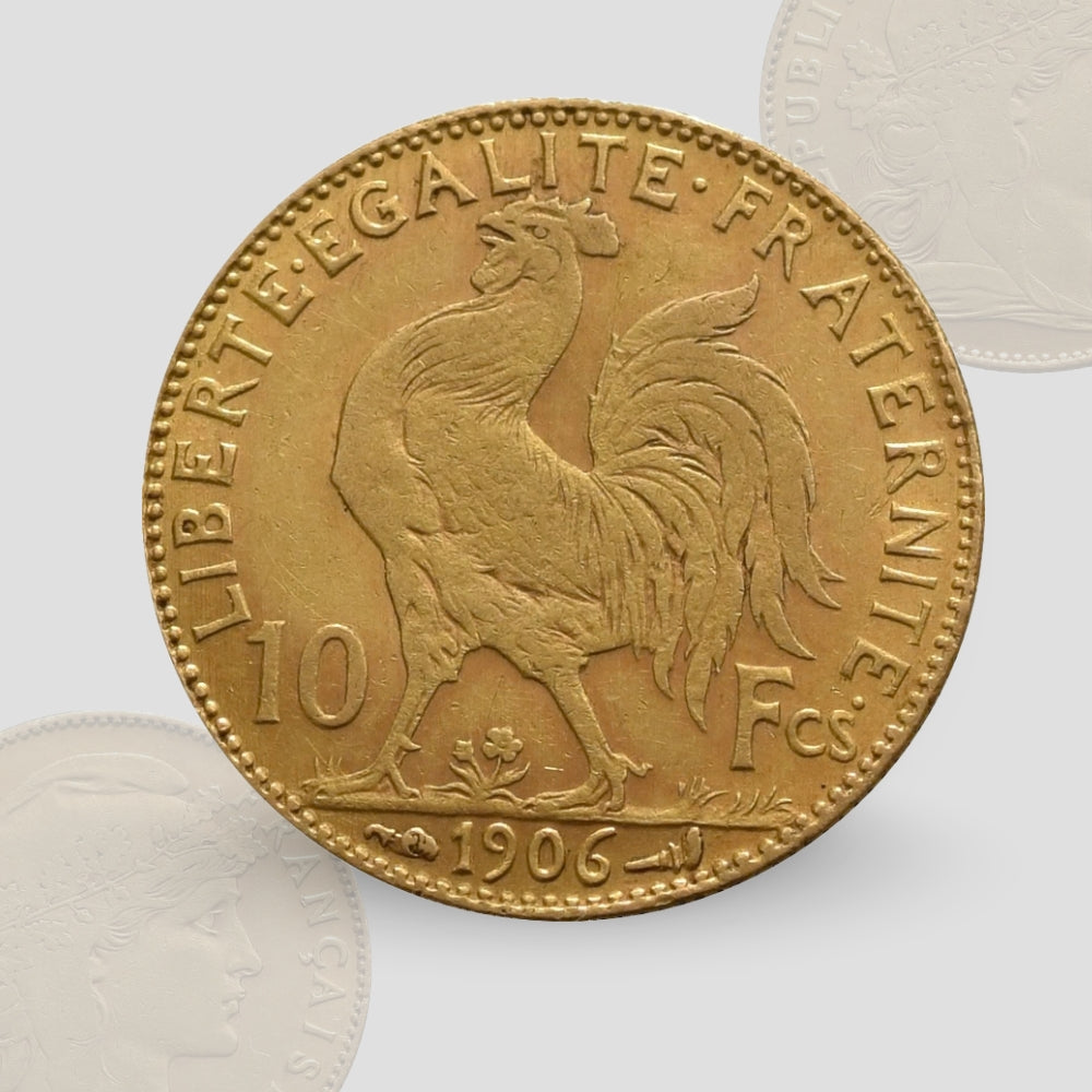 3.23 гр. – Златна Монета 10 Френски Франка – „Мариана и Петелът“ (1900–1909)