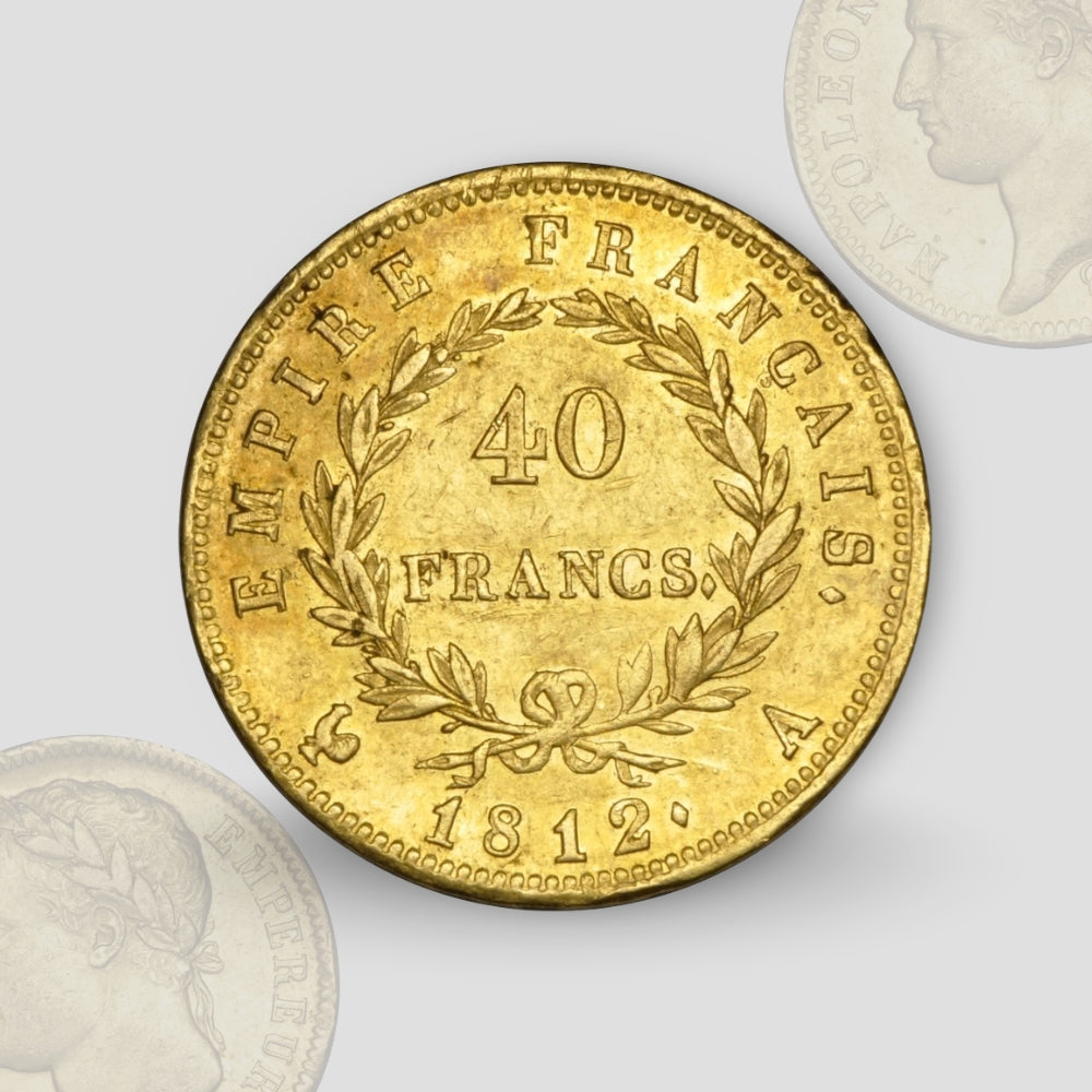 12.90 гр. – Златна Монета 40 Френски Франка – Наполеон I (Лавров венец) – 1812