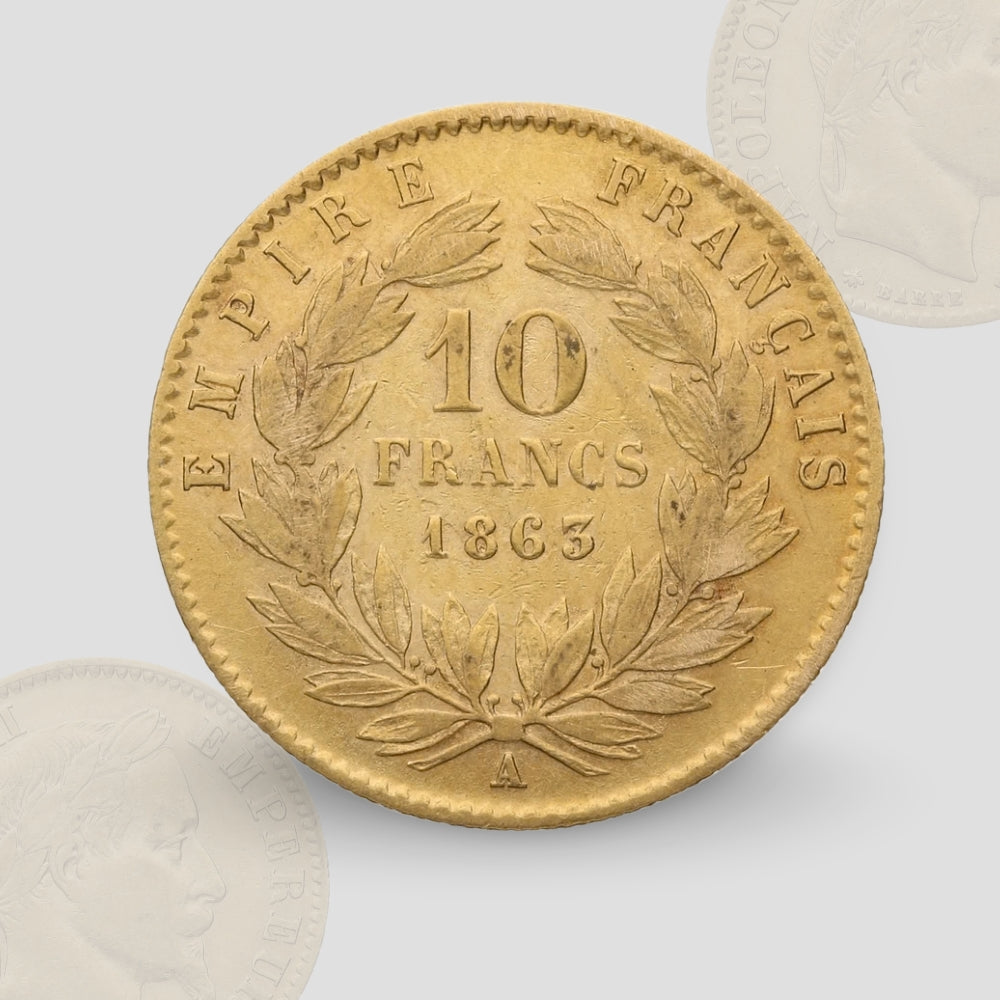 3.23 гр. – Златна Монета 10 Френски Франка – Наполеон III (Лавров Венец) – 1862–1868