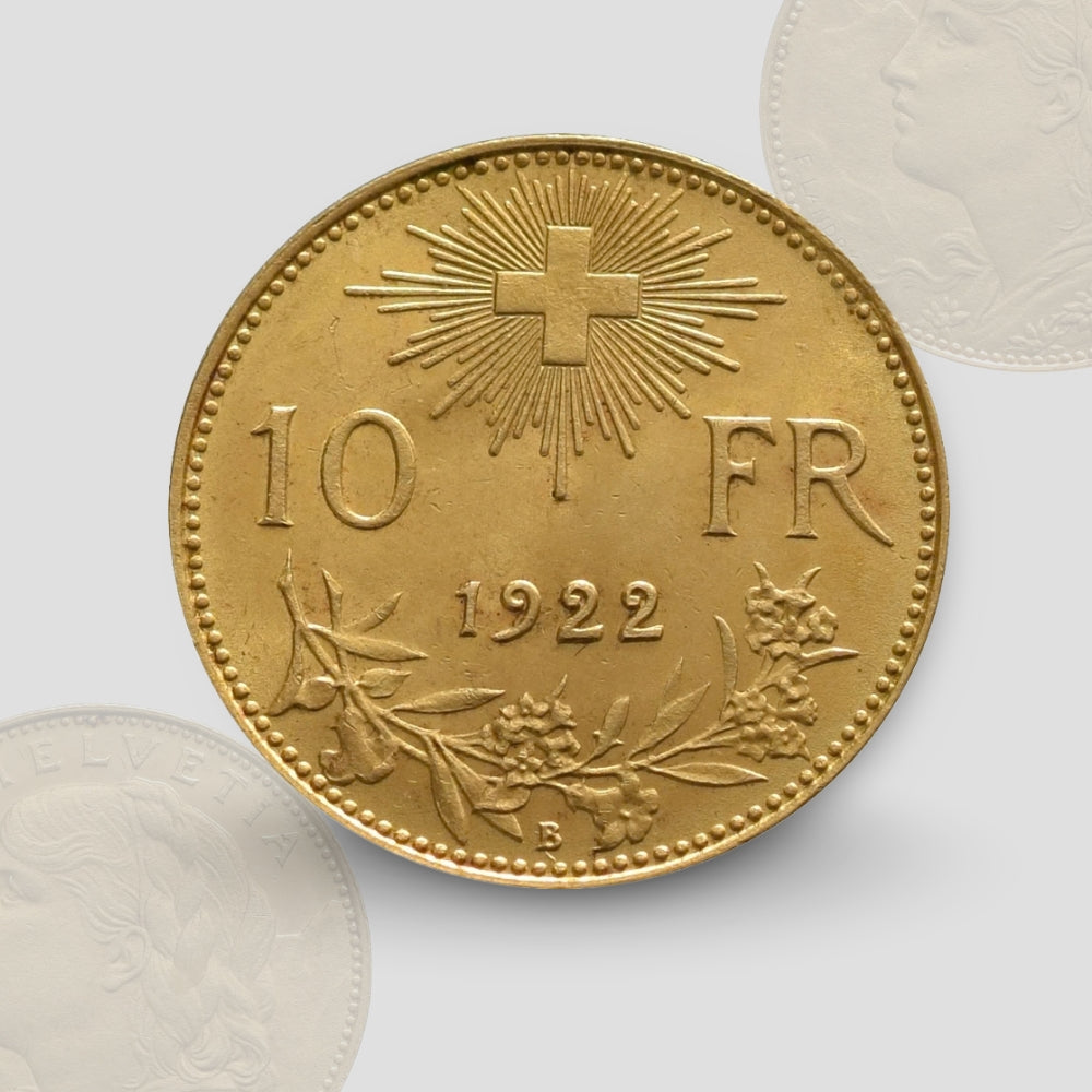 3.227 гр. - Златна Монета 10 златни швейцарски Франка – „Вренели“ (1913)