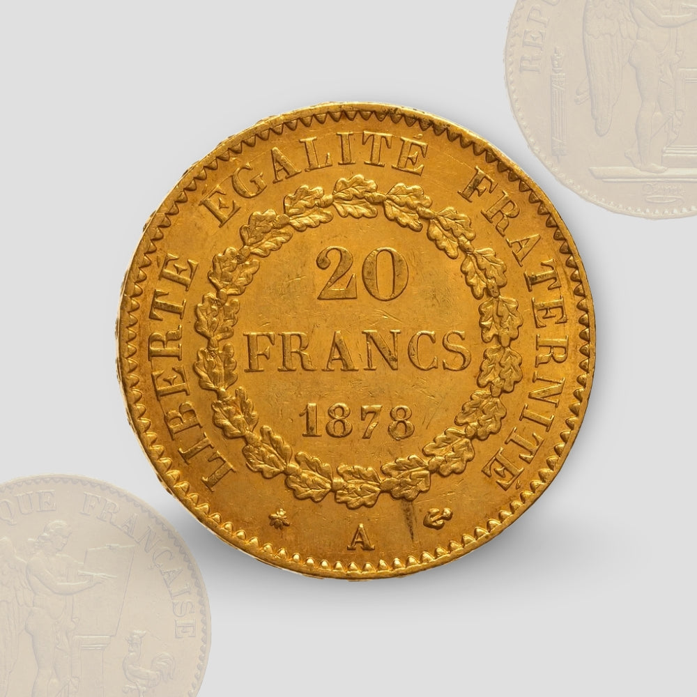 6.45 гр. – Златна Монета 20 Френски Франка Гениус (1871-1898)