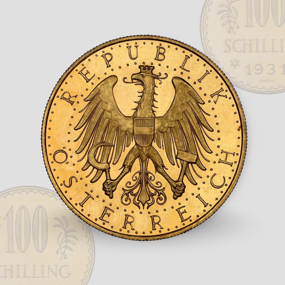 23.52 гр. –  Златна Монета 100 Австрийски Шилинга (1931) – Република Австрия
