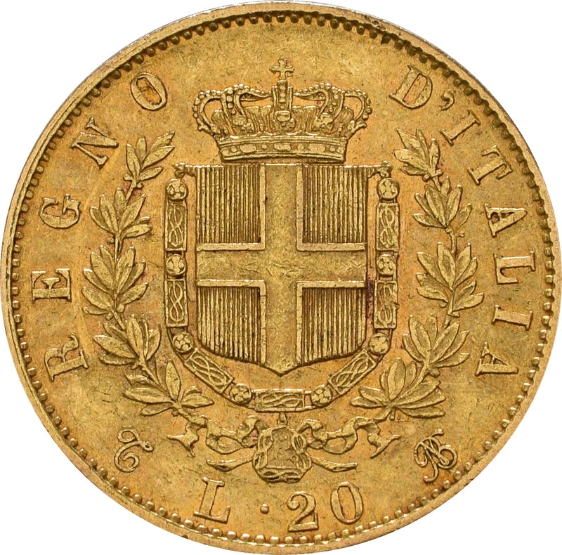 6.45 гр. – Златна Монета 20 италиански Лири – Крал Виктор Емануил II (1861–1878)