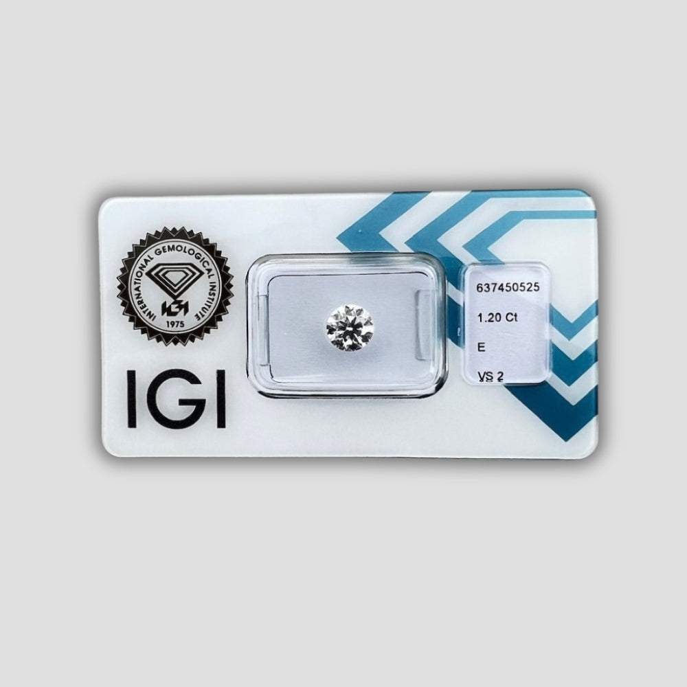 1.20 ct Естествен Диамант – Round Brilliant (Цвят E, Triple Ex) – IGI Сертифициран