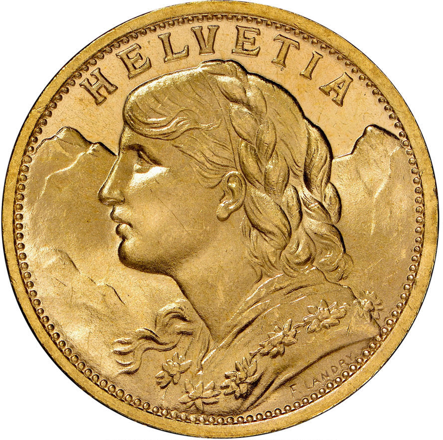 6.45 гр. - Златна Монета 20 златни швейцарски Франка – „Вренели“ (1912)