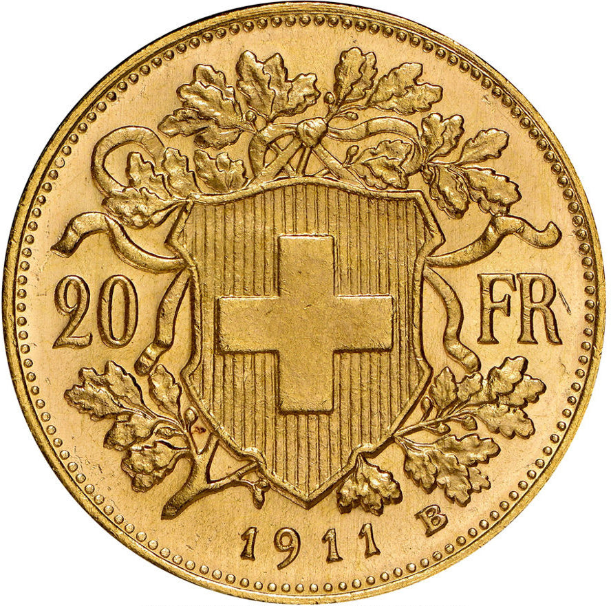 6.45 гр. - Златна Монета 20 златни швейцарски Франка – „Вренели“ (1912)