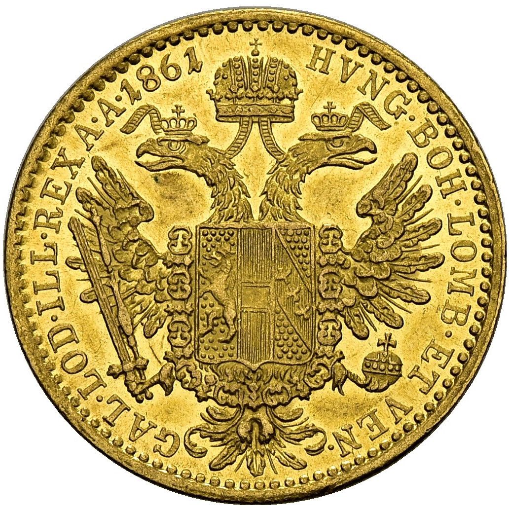 3.49 гр. –  Златна Монета 1 Австрийски Дукат (1861) – Оригинална емисия