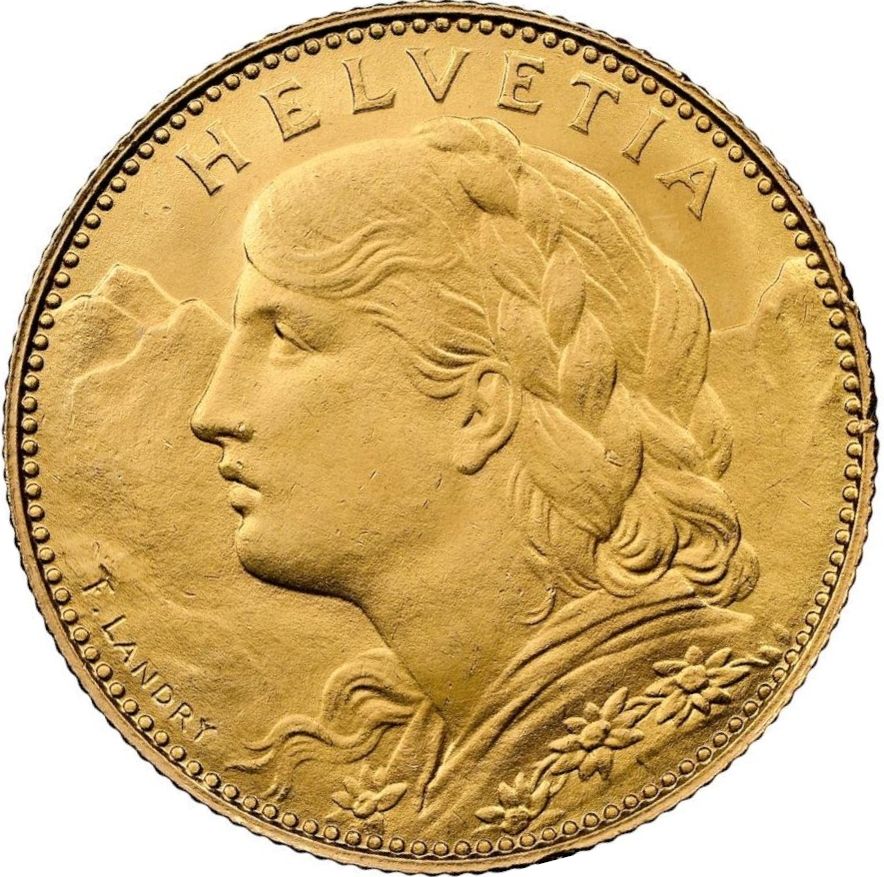 3.227 гр. - Златна Монета 10 златни швейцарски Франка – „Вренели“ (1913)
