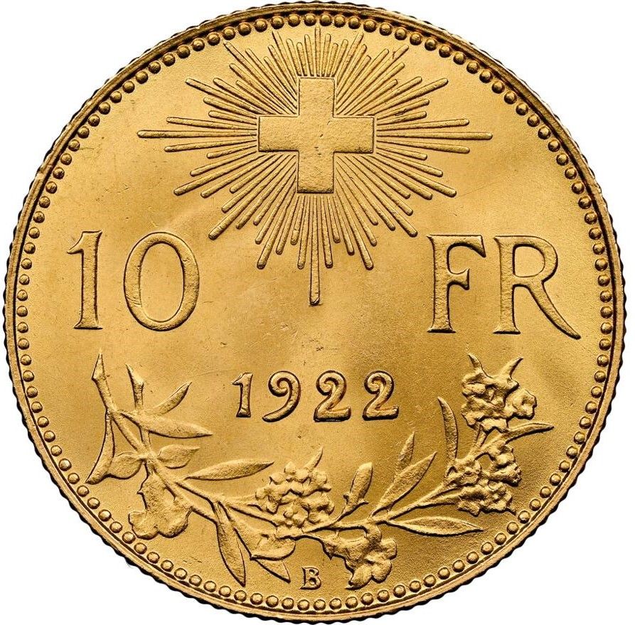 3.227 гр. - Златна Монета 10 златни швейцарски Франка – „Вренели“ (1913)