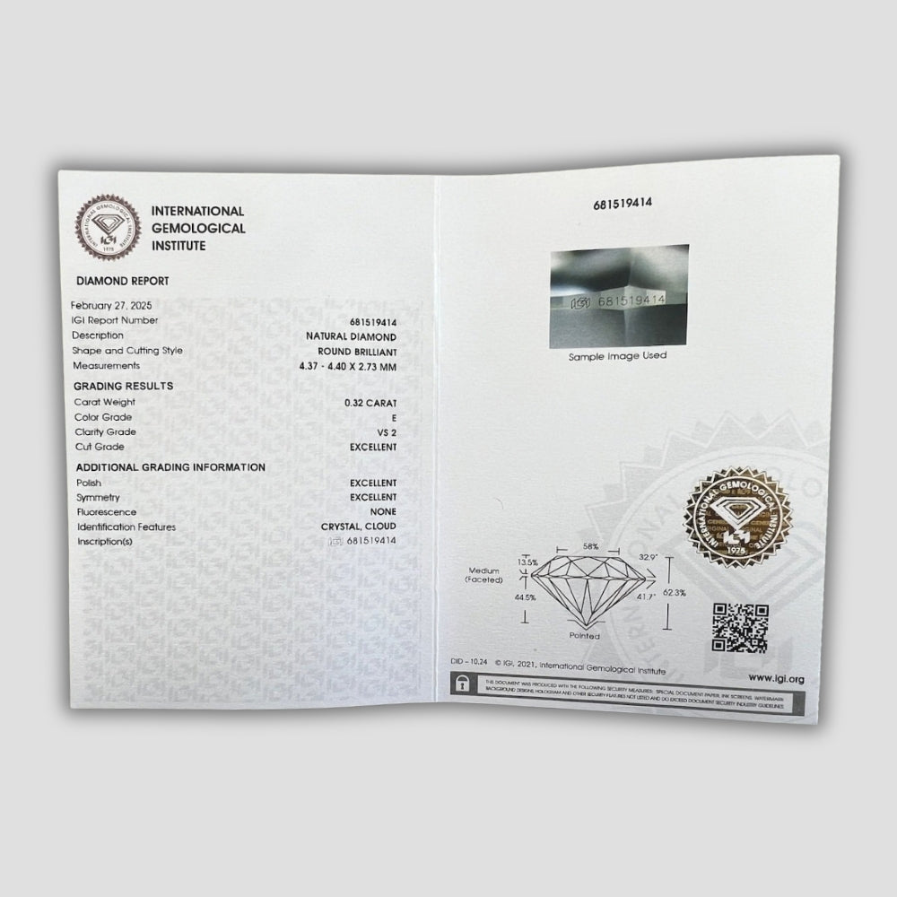 0.32 ct Естествен Диамант – Round Brilliant (Цвят E, Triple Ex) – IGI Сертифициран