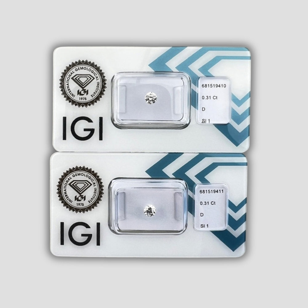 Комплект 2 бр. Естествени Диаманта (Matched Pair) – 0.62 ct Общо (Цвят D, Triple Ex) – IGI Сертифицирани
