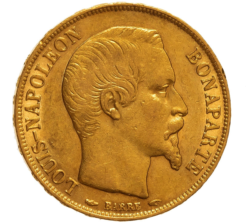 6.45 гр. – Златна Монета 20 Френски Франка – Луи-Наполеон Бонапарт (1852)