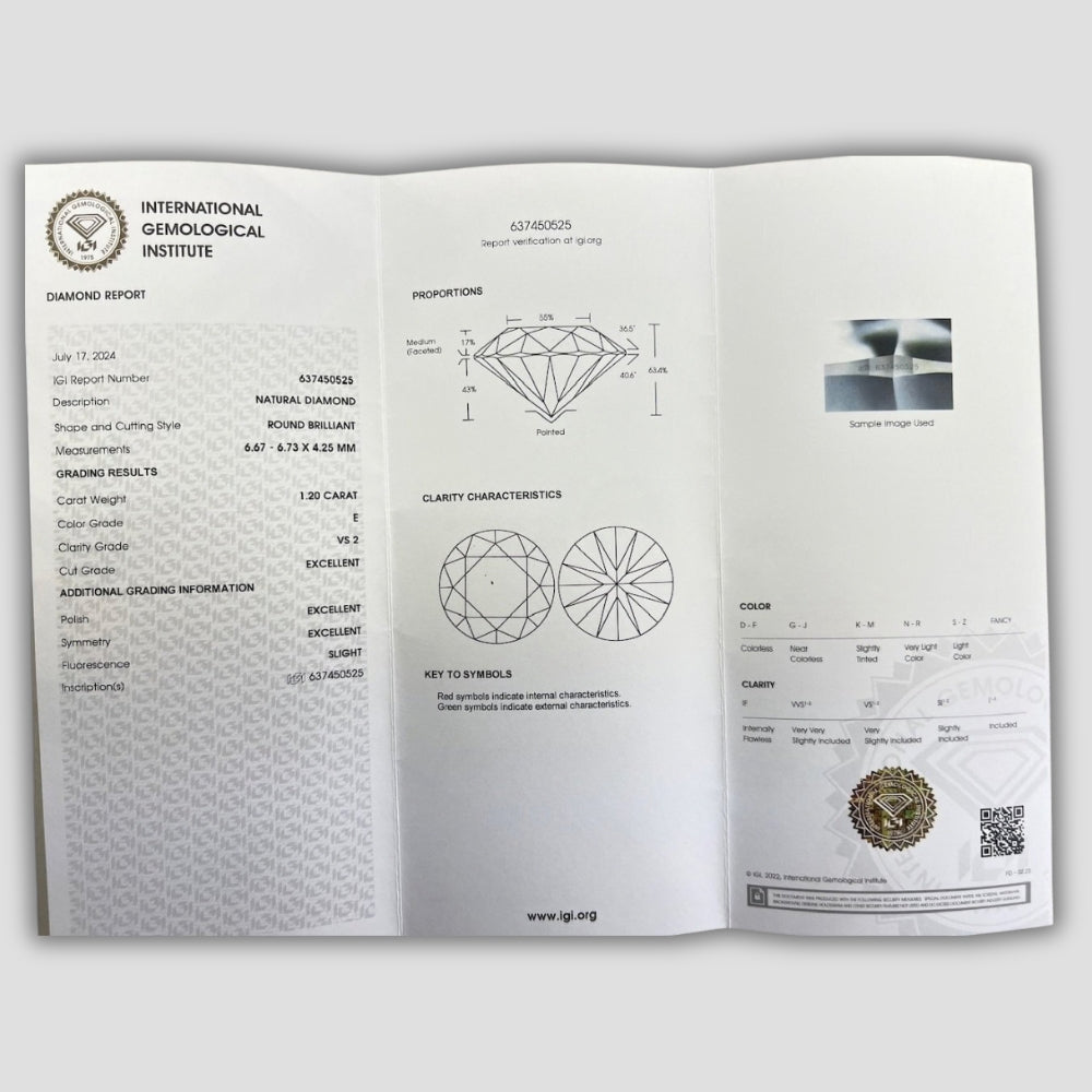 1.20 ct Естествен Диамант – Round Brilliant (Цвят E, Triple Ex) – IGI Сертифициран