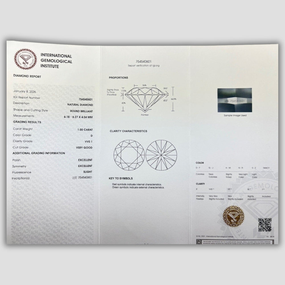 1.00 ct Естествен Диамант – Round Brilliant (Цвят D, VVS1 Чистота) – IGI Сертифициран