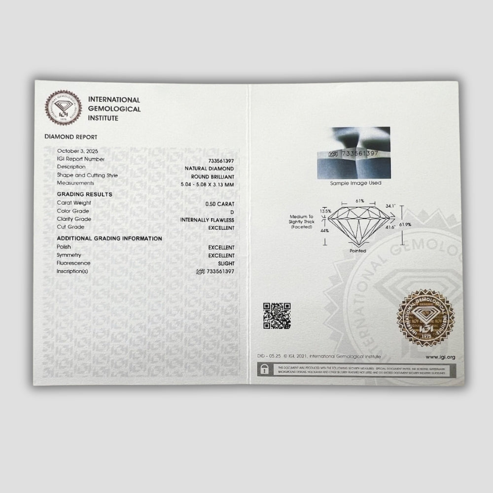 0.50 ct Естествен Диамант – Round Brilliant (Цвят D, IF Чистота, Triple Ex) – IGI Сертифициран