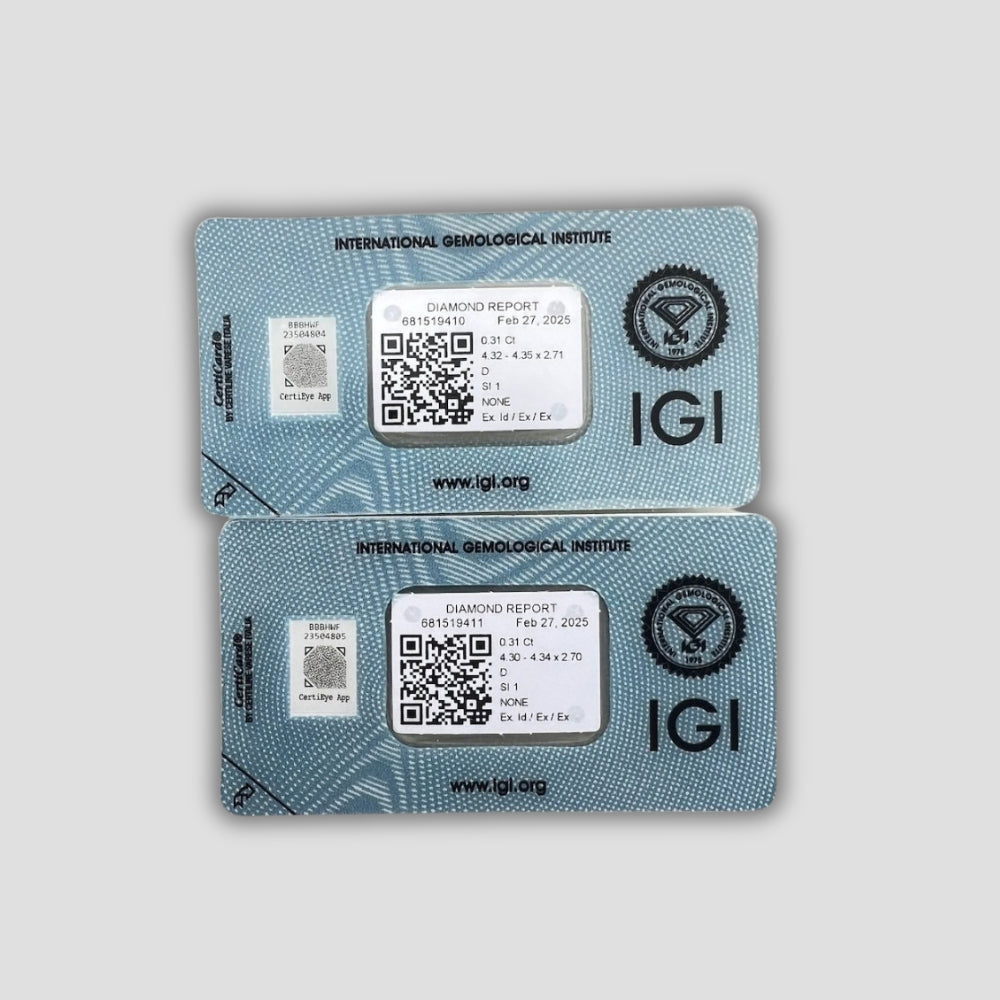 Комплект 2 бр. Естествени Диаманта (Matched Pair) – 0.62 ct Общо (Цвят D, Triple Ex) – IGI Сертифицирани