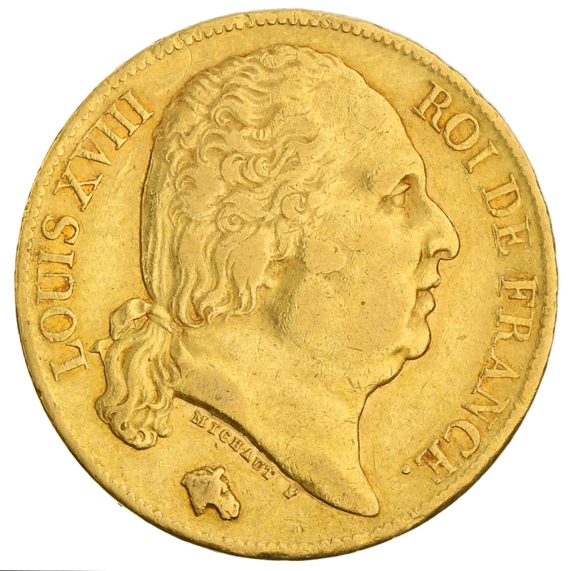 6.45 гр. – Златна Монета 20 Френски Франка – Луи XVIII (1816–1824)