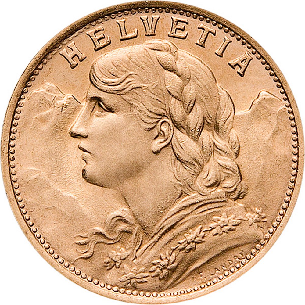 6.45 гр. - Златна Монета 20 златни швейцарски Франка – „Вренели“ (1935)