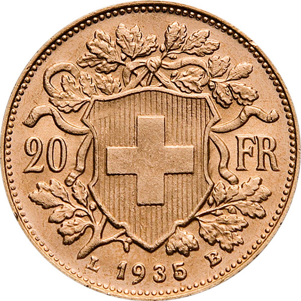 6.45 гр. - Златна Монета 20 златни швейцарски Франка – „Вренели“ (1935)