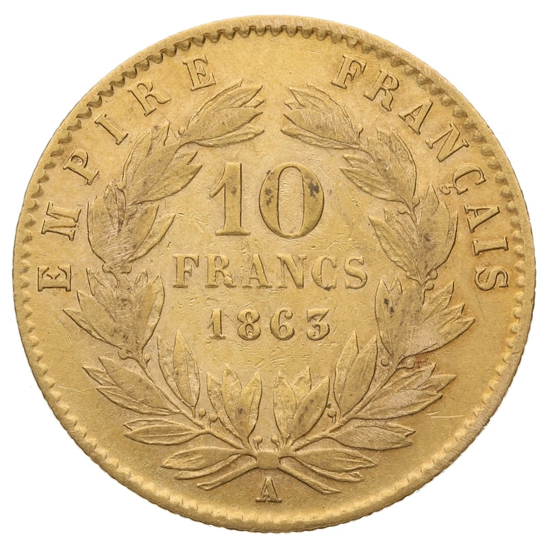 3.23 гр. – Златна Монета 10 Френски Франка – Наполеон III (Лавров Венец) – 1862–1868