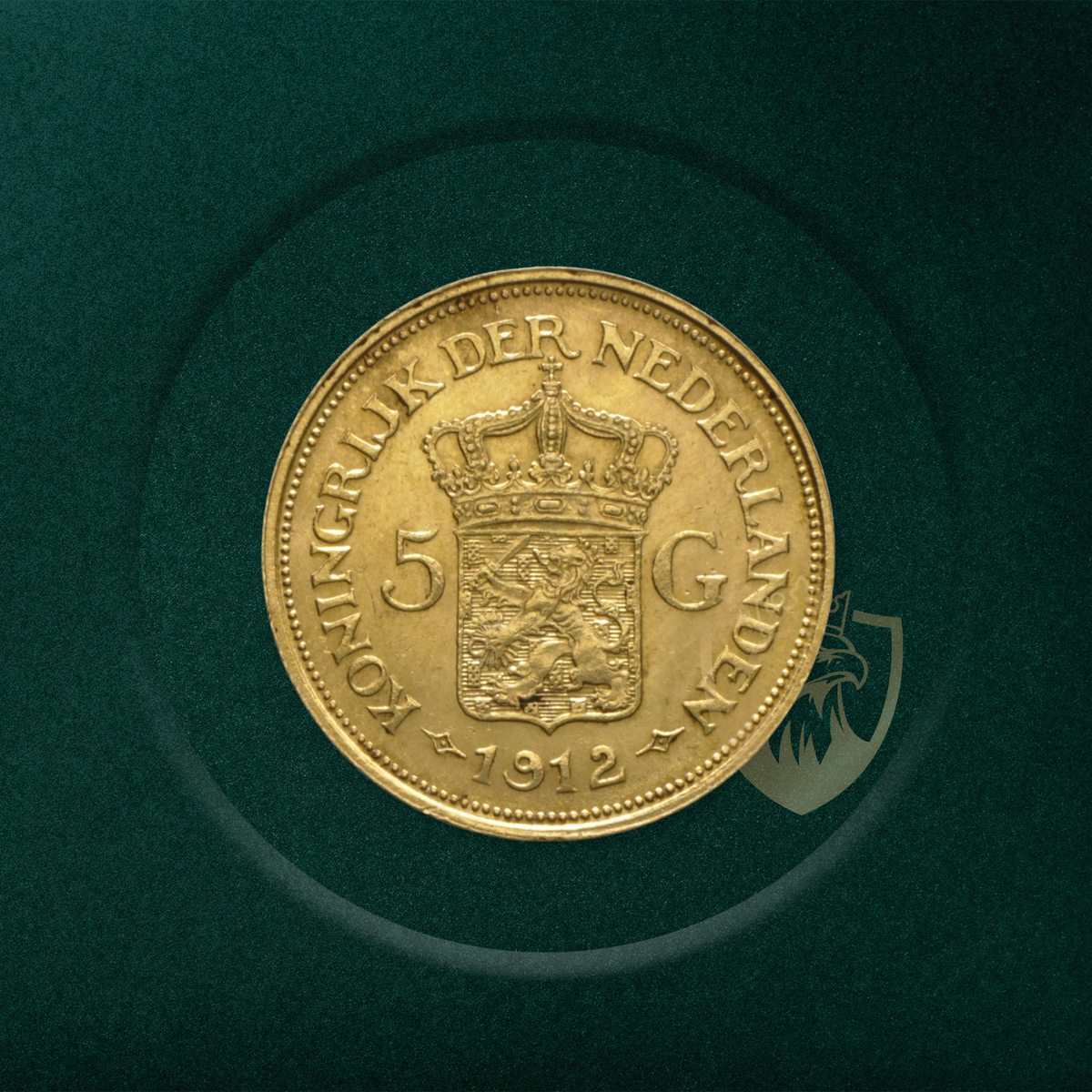 5 Златни Холандски Гулдена (Gulden) „Вилхелмина“ (Wilhelmina) – Royal Dutch Mint (1912)